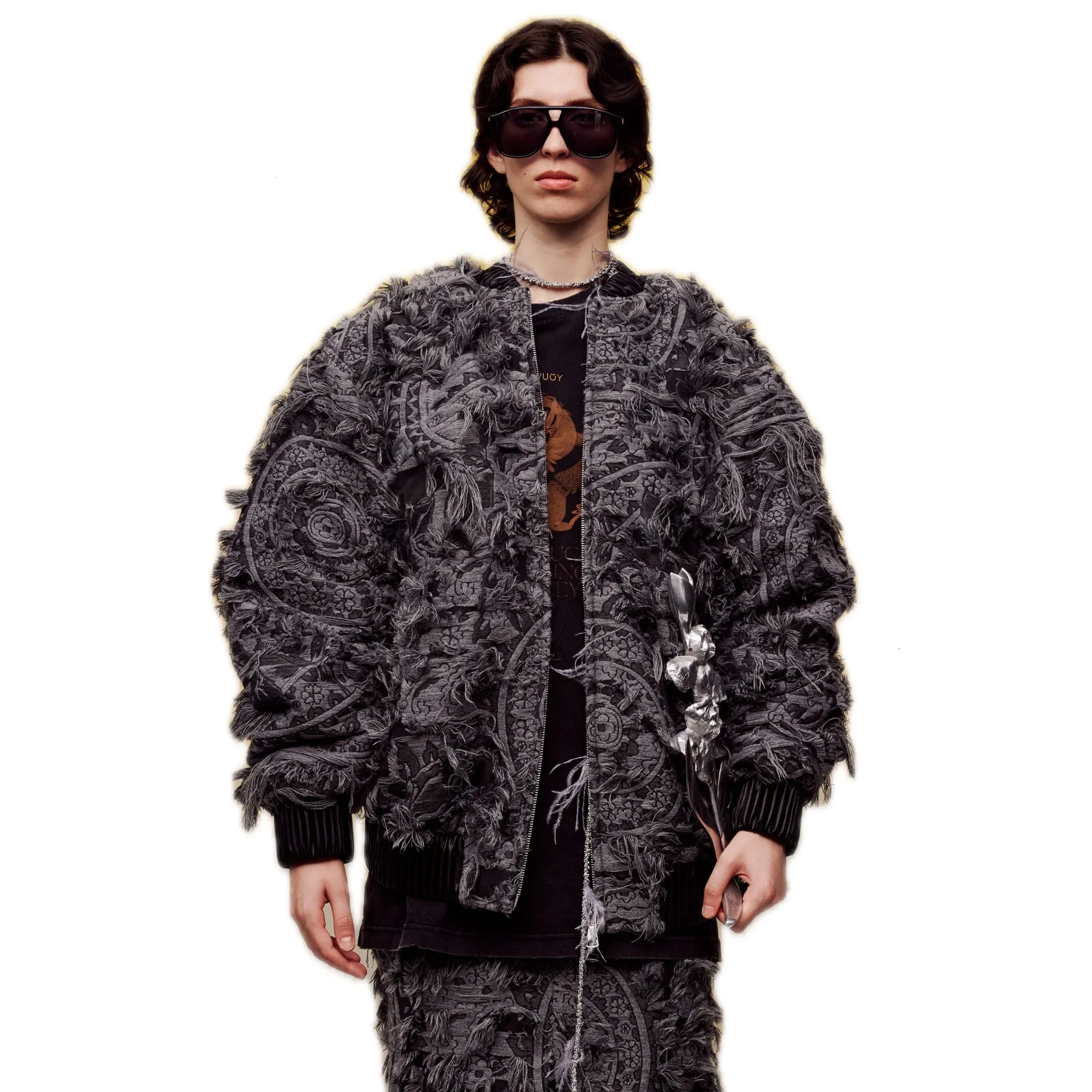 Heavy Brushed Jacquard Cotton Jacket in Black